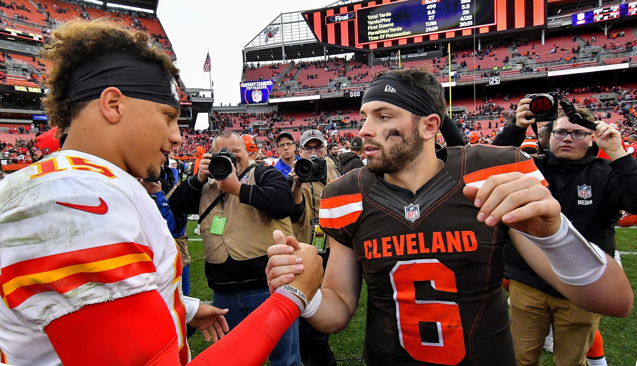 Patrick Mahomes and Baker Mayfield meet after the Chiefs' 37-21 win against the Browns on Sunday, Nov. 4, 2018 