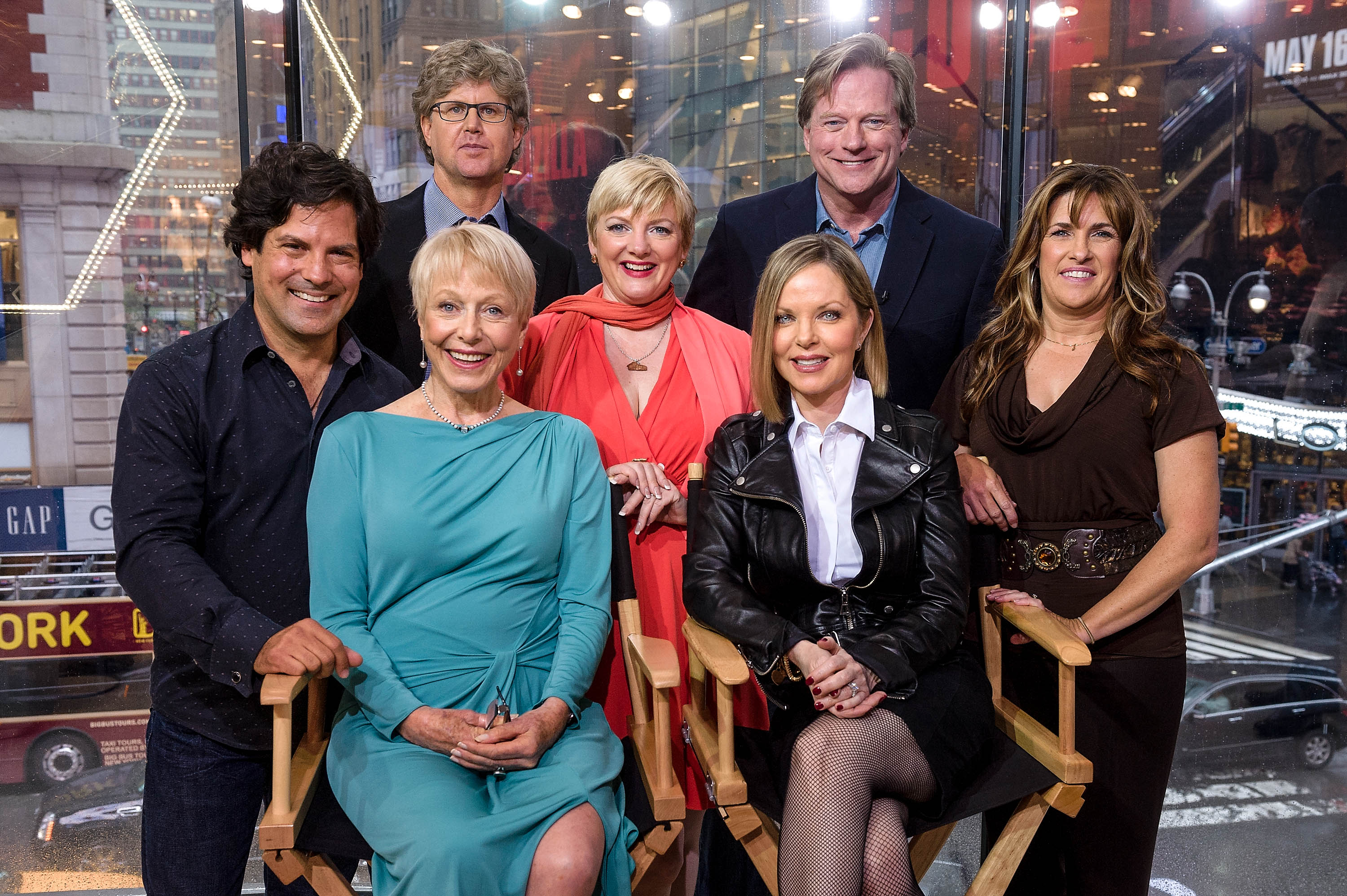 "Little House On The Prairie" Cast Members Visit "Extra" NEW YORK, NY - APRIL 30: (L-R standing) Matthew Labyorteaux, Michael Landon, Jr., Alison Arngrim, Dean Butler, Lindsay Greenbush, (L-R seated) Karen Grassle, and Melissa Sue Anderson of 'Little House On The Prairie' visit "Extra" at their New York studios at H&M in Times Square on April 30, 2014 in New York City. 