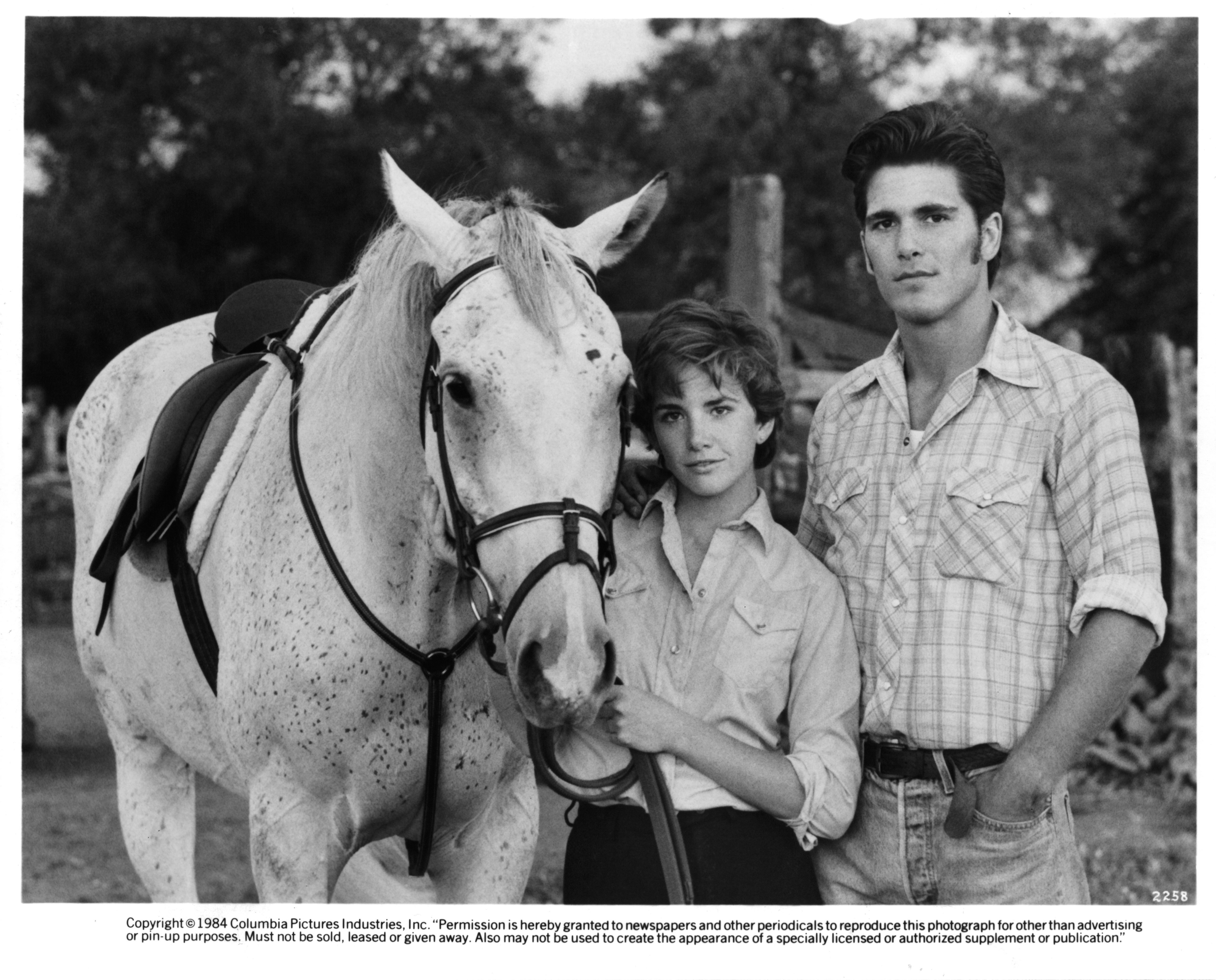 Melissa Gilbert and Michael Schoeffling pose in a scene from the movie "Sylvester"