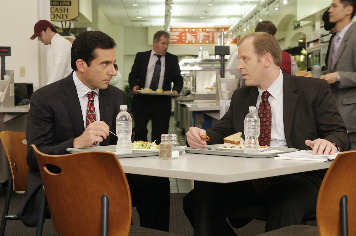 Steve Carell as Michael Scott and Paul Lieberstein as Toby Flenderson