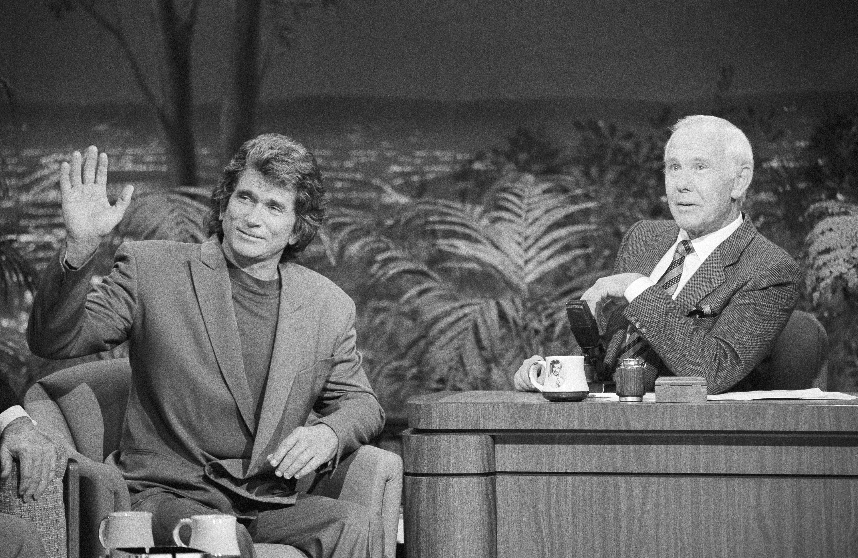 THE TONIGHT SHOW STARRING JOHNNY CARSON -- Aired 2/15/91 -- Pictured: (l-r) Actor Michael Landon during an interview with host Johnny Carson on February 15, 1991