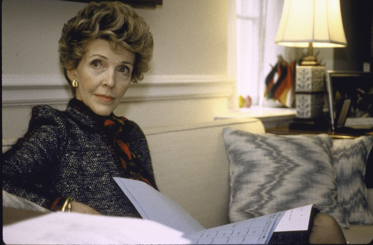 First Lady Nancy Reagan at work in the White House