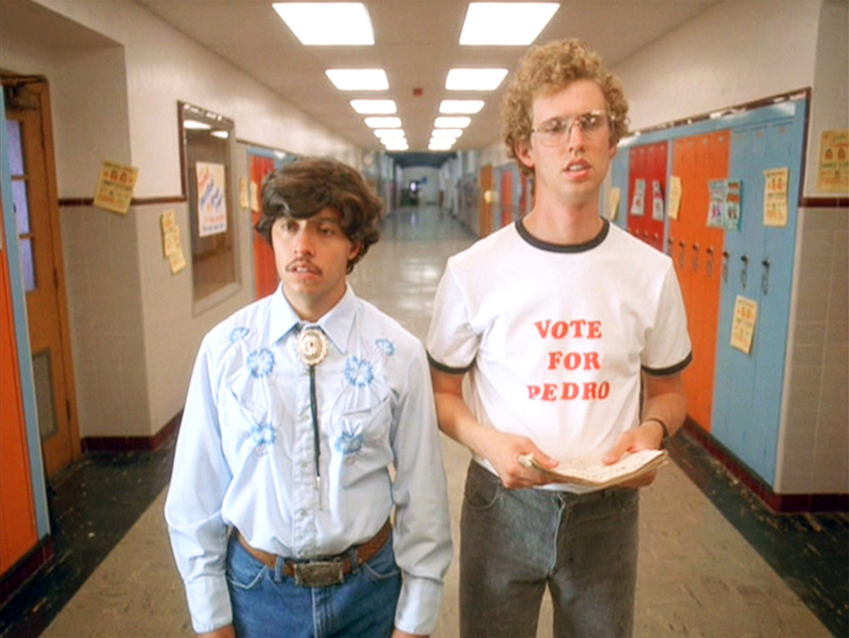 The movie "Napoleon Dynamite", directed by Jared Hess, written by Jared Hess and Jerusha Hess. Seen here from left, Efren Ramirez (as Pedro) and Jon Heder (as Napoleon Dynamite) wearing a 'Vote for Pedro' t-shirt.