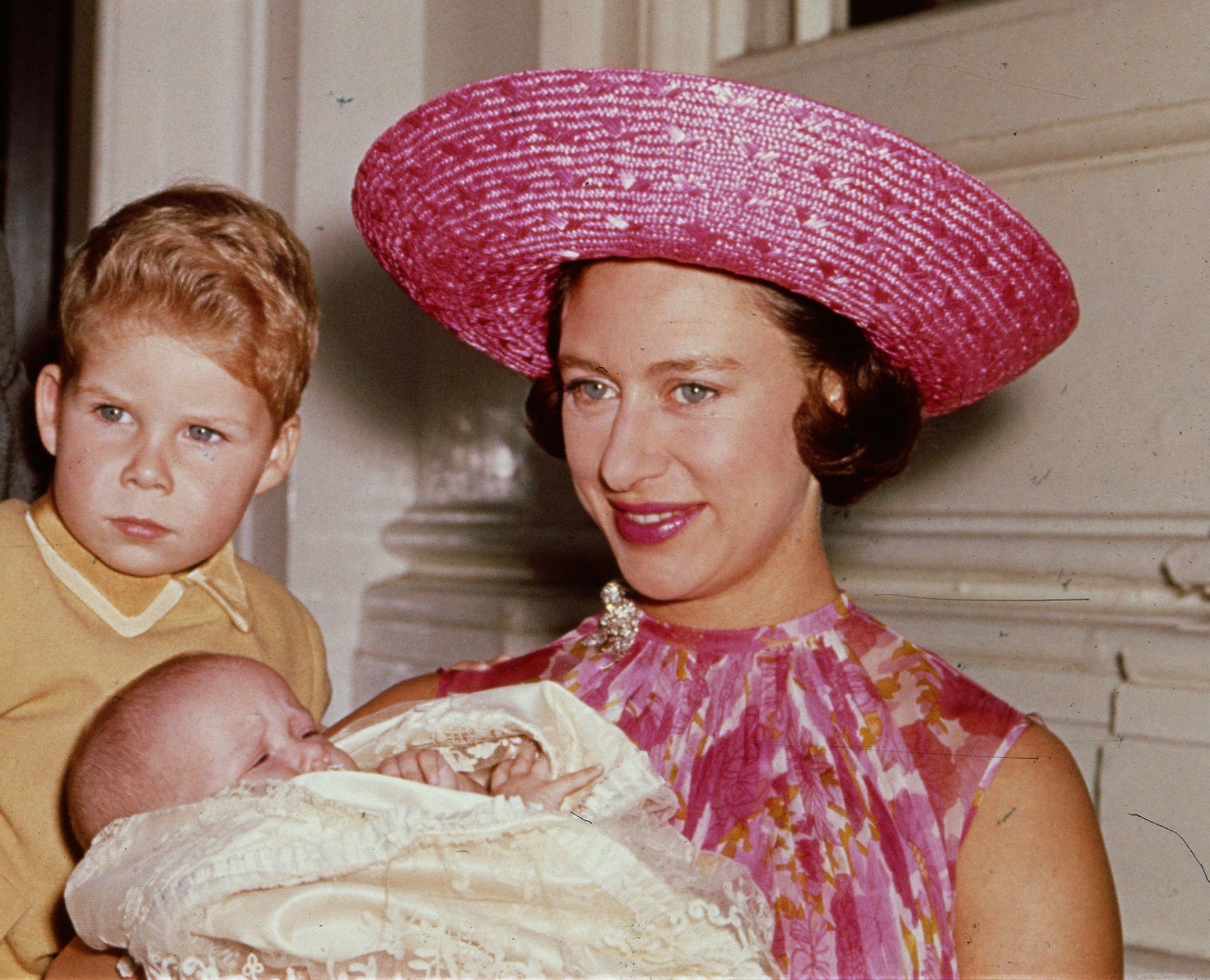Princess Margaret with her son, Viscount Linley, and newborn daughter, Lady Sarah Armstrong