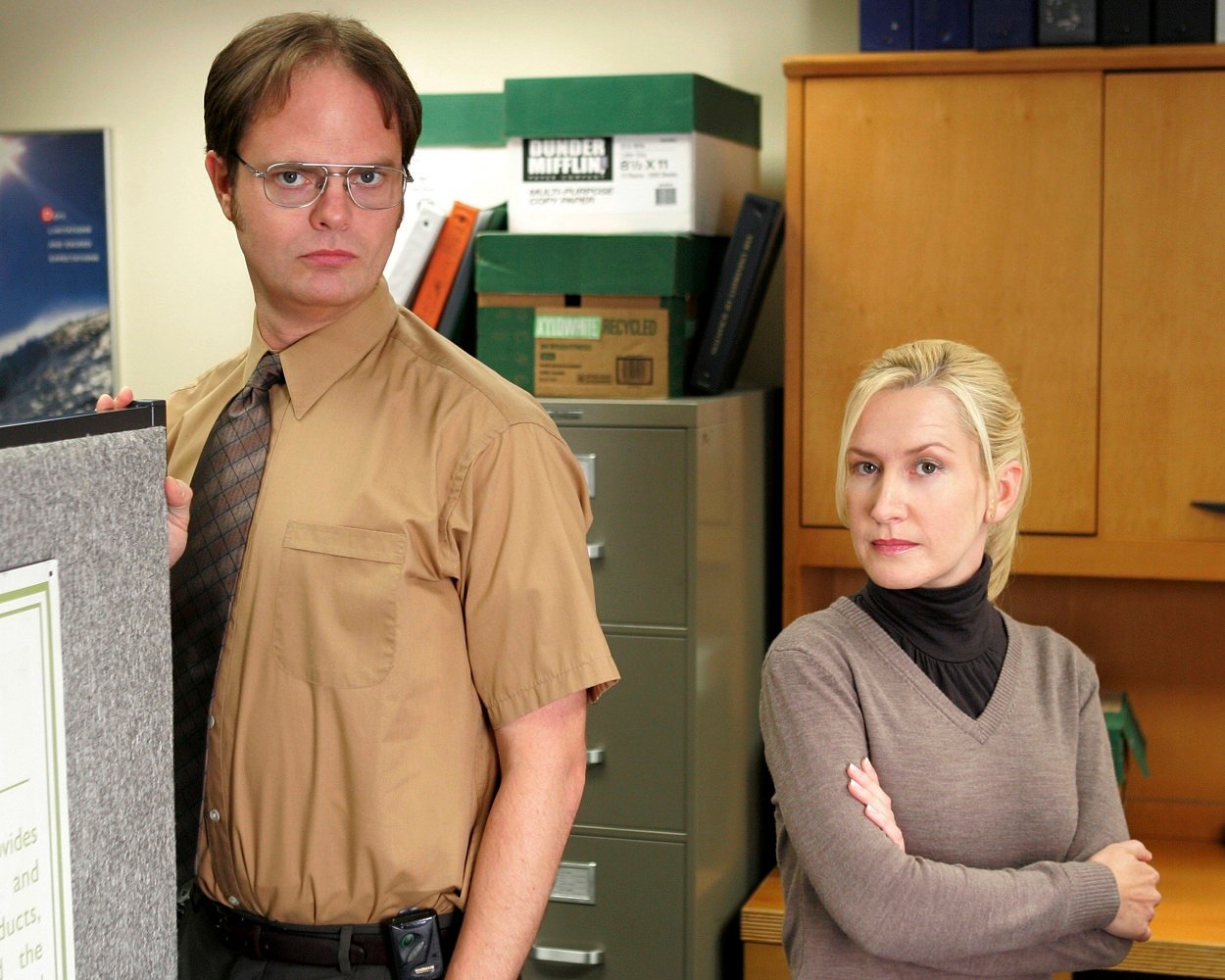 The Office cast Rainn Wilson as Dwight and Angela Kinsey as Angela