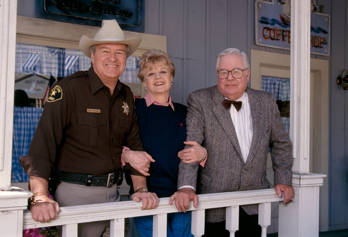 Ron Masak, Angela Lansbury, and William Windom on the set of 'Murder, She Wrote'