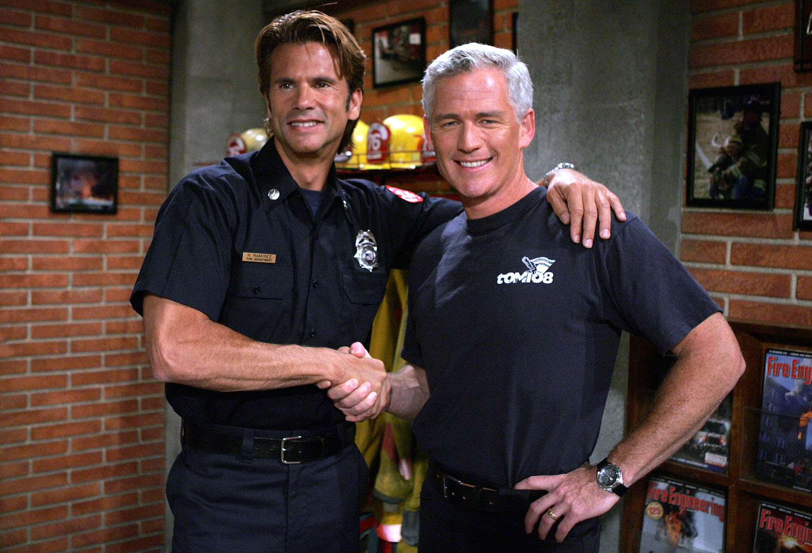 Tom Westman (R) and actor Lorenzo Lamas tape a series of CBS daytime's 'The Bold And The Beautiful'