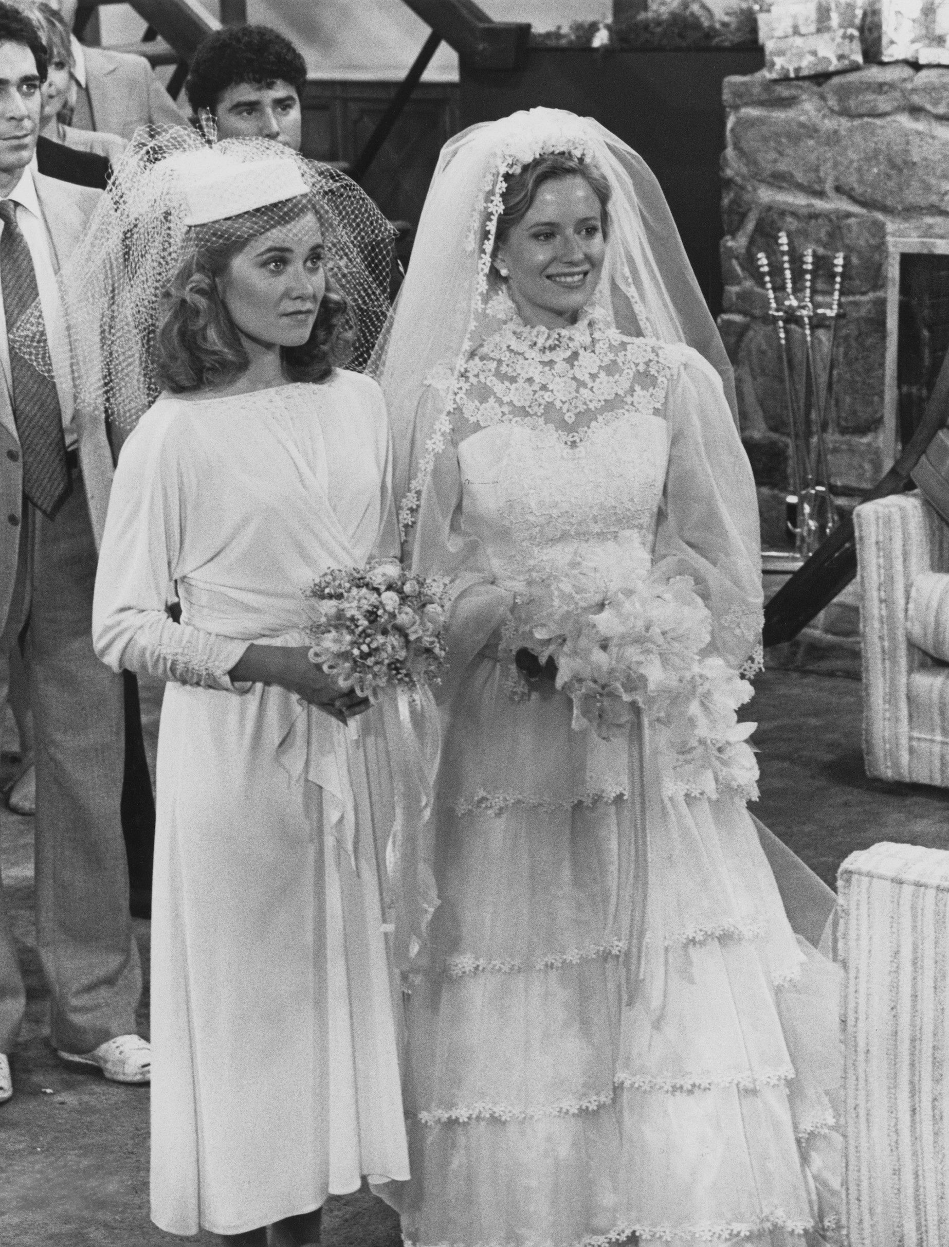 Maureen McCormick (left) as Marcia Brady and Eve Plumb as Jan Brady in a scene from the TV movie 'The Brady Girls Get Married'