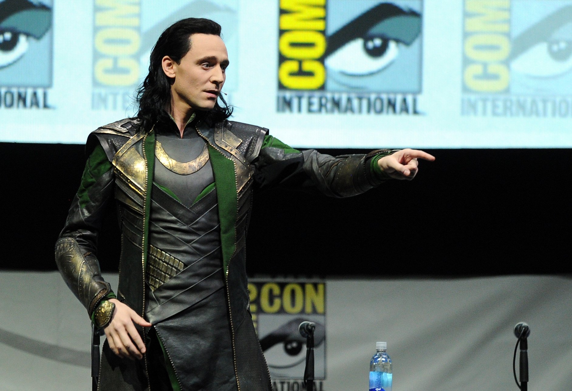 Actor Tom Hiddleston speaks onstage at Marvel Studios 'Thor: The Dark World' and 'Captain America: The Winter Soldier' during Comic-Con