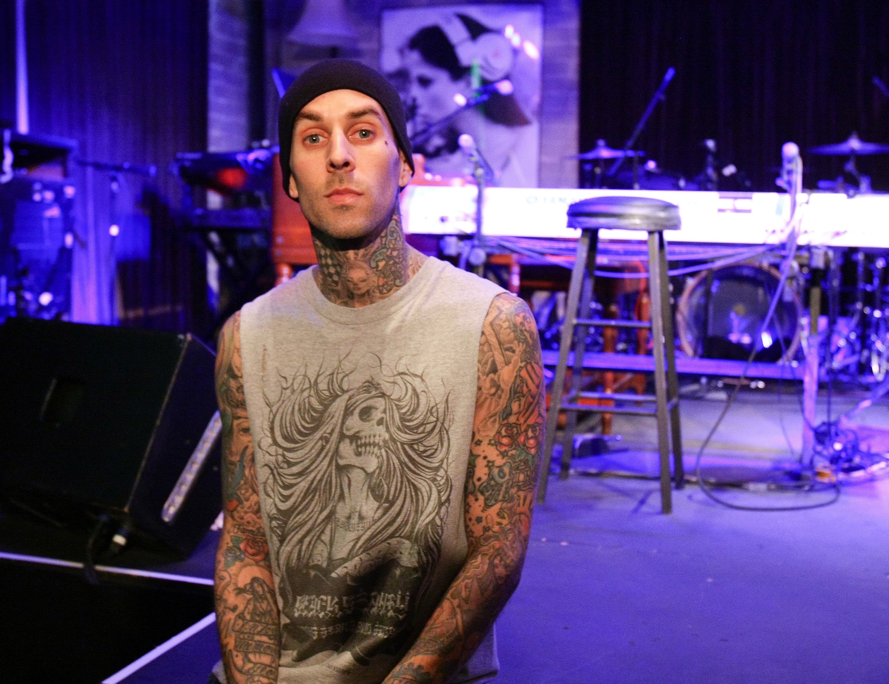 Travis Barker attends his "Give The Drummer Some" press day at Tom Tom Club