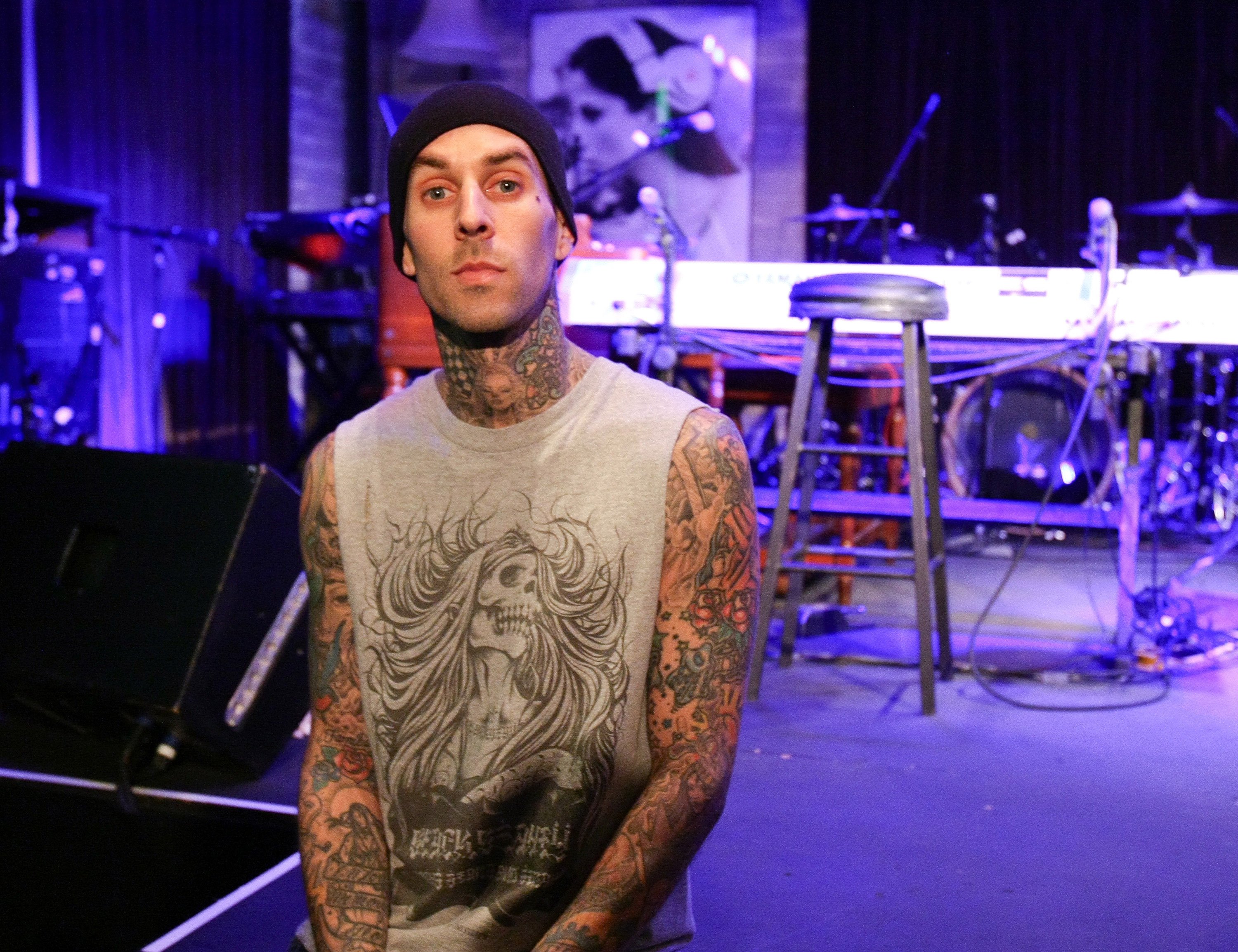 Travis Barker attends his "Give The Drummer Some" press day at Tom Tom Club