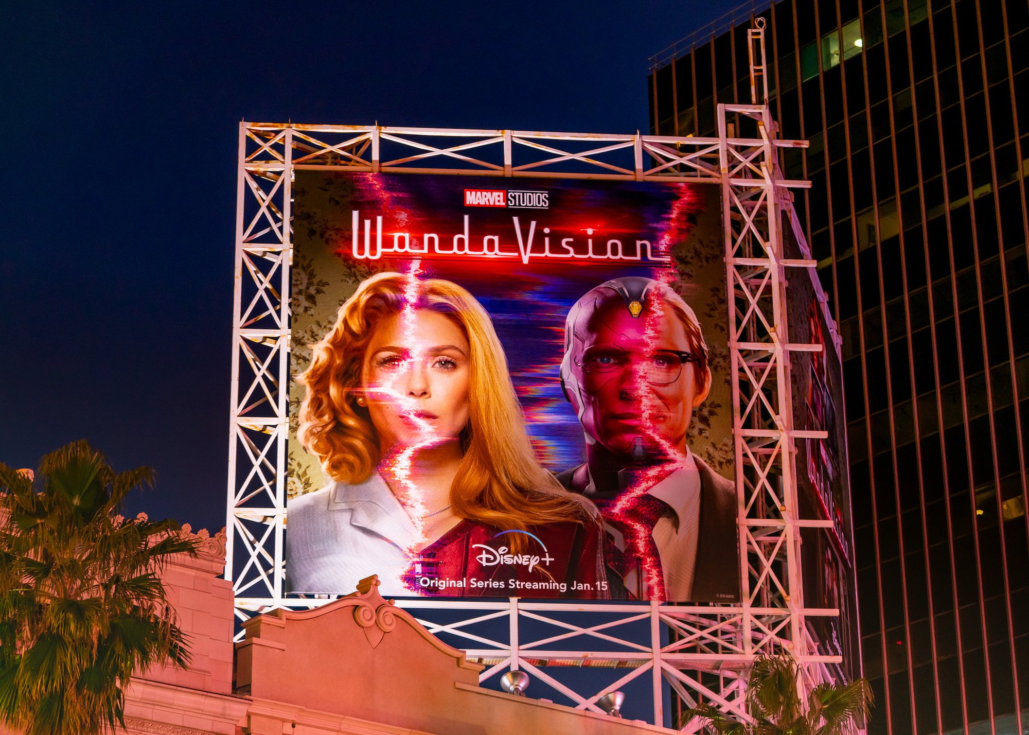 General view of a billboard above the El Capitan Entertainment Centre promoting the upcoming season of the Disney+ Marvel Studios flagship show 'WandaVision'