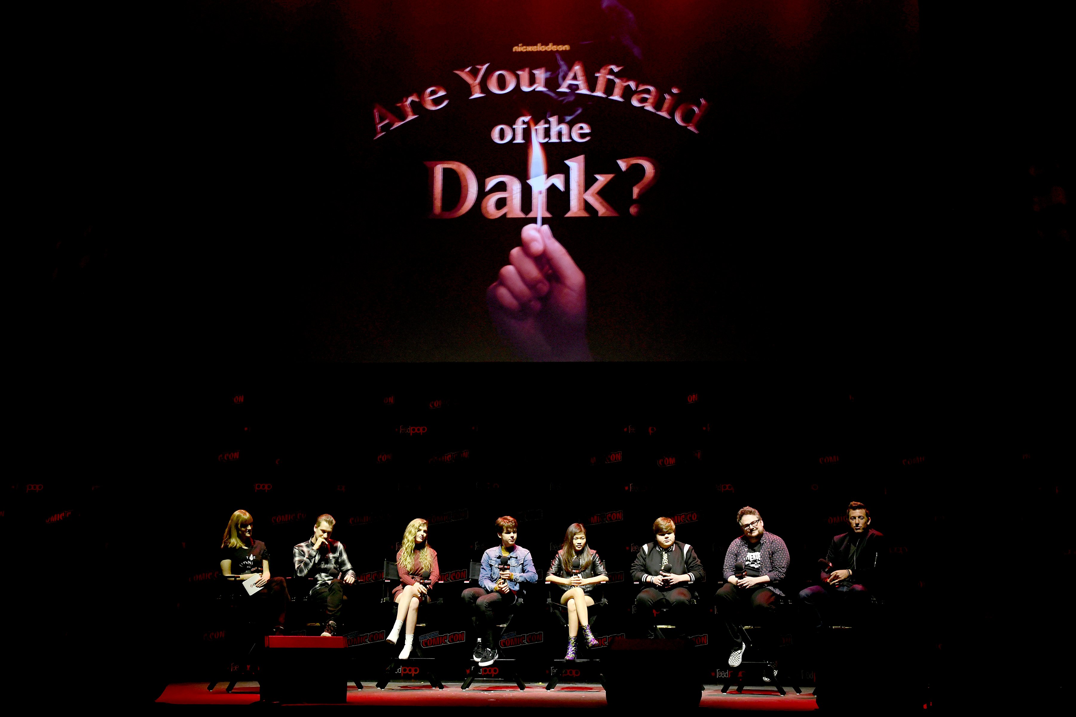 Rafael Casal, Lyliana Wray, Sam Ashe Arnold, Miya Cech, Jeremy Ray Taylor, BenDavid Grabinski, and Matt Kaplan speak onstage during Nickelodeon’s Are You Afraid of the Dark? panel at New York Comic Con 2019