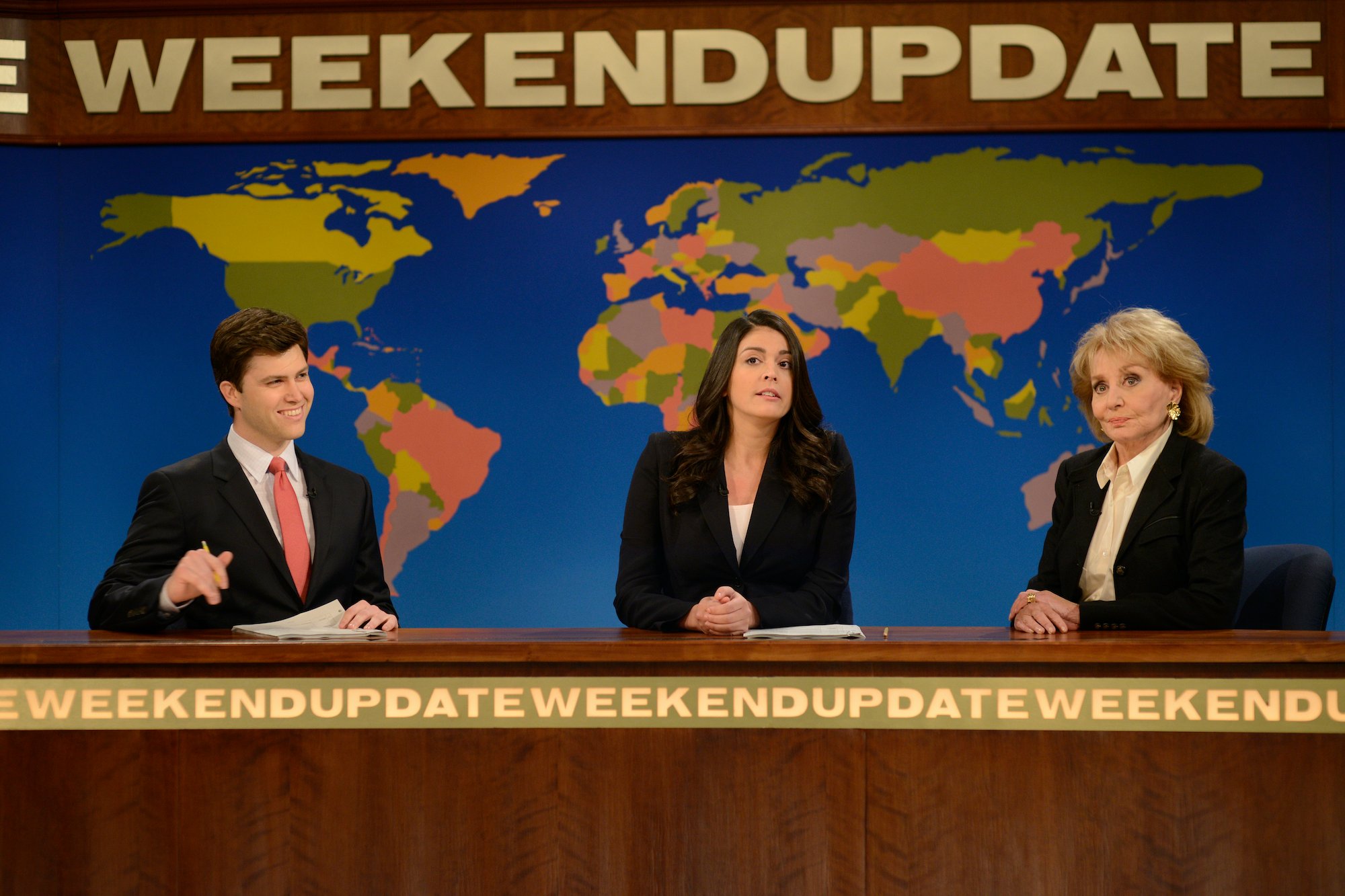 Colin Jost, Cecily Strong and Barbara Walters