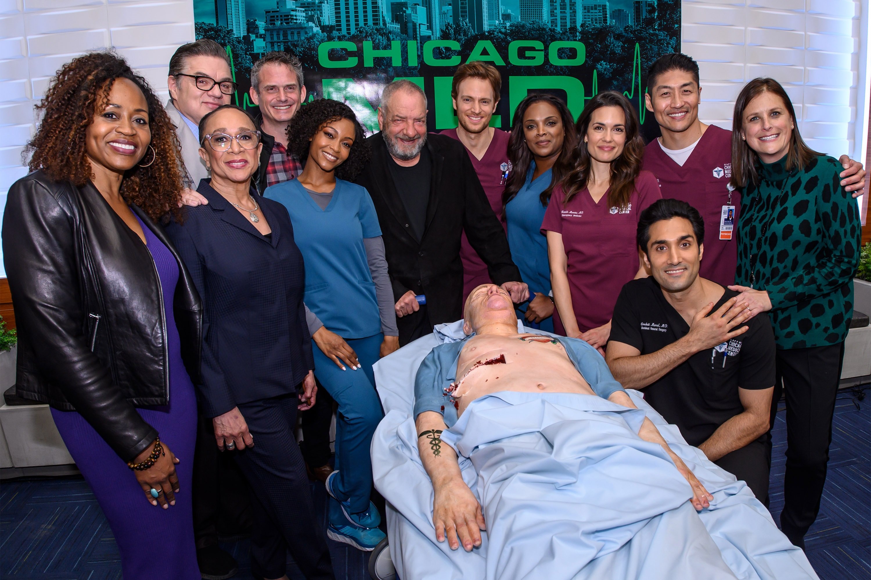 'Chicago Med' stars Pearlena Igbokwe, Oliver Platt, S. Epatha Merkerson, Paul Telegdy, YaYa DaCosta, Dick Wolf, Nick Gehlfuss, Marlyne Barrett, Torrey DeVitto, Brian Tee, Dominic Rains, and Lisa Katz