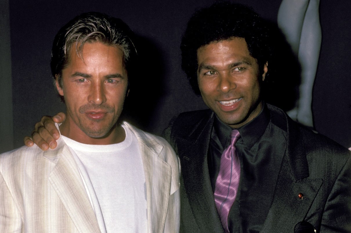 Don Johnson and Philip Michael Thomas pose in 1985