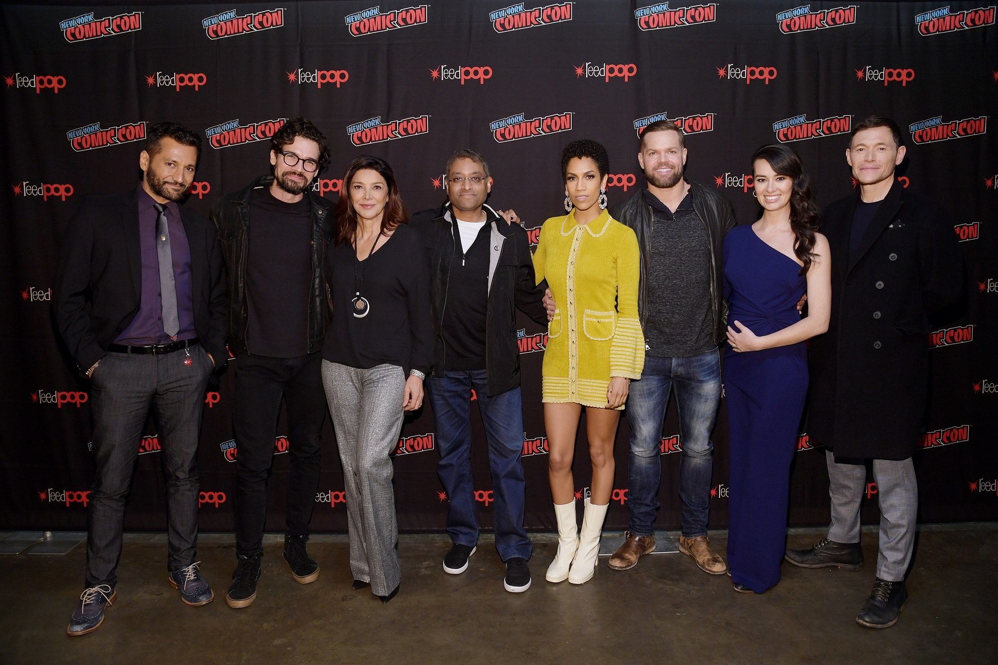 Cas Anvar, Steven Strait, Shohreh Aghdashloo, Naren Shankar, Dominique Tipper, Wes Chatham, Florence Faivre, and Burn Gorman of The Expanse