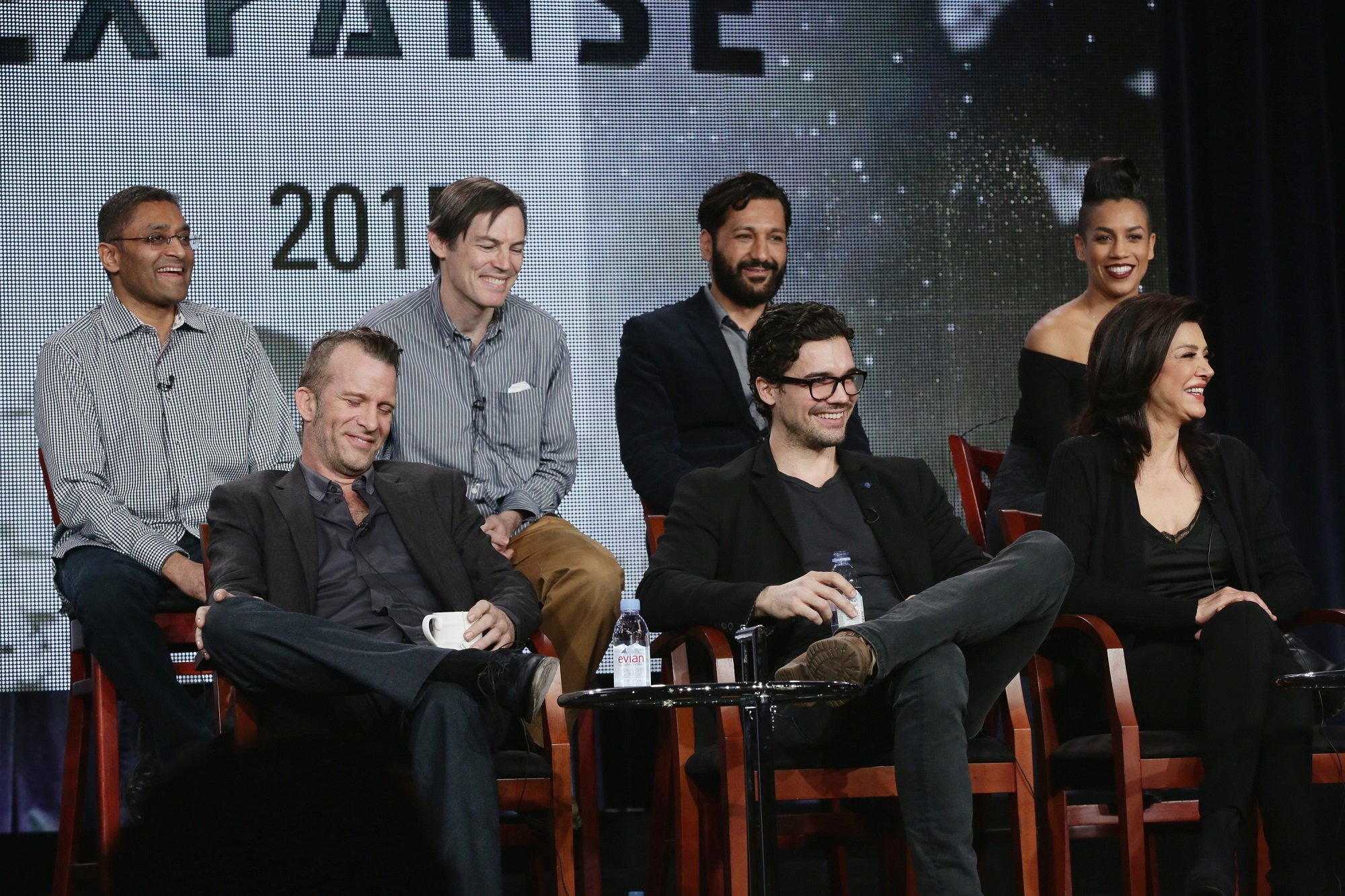 Naren Shankar, Mark Fergus, Cas Anvar, Dominique Tipper. Thomas Jane, Steven Strait, and Shohreh Aghdashloo of The Expanse