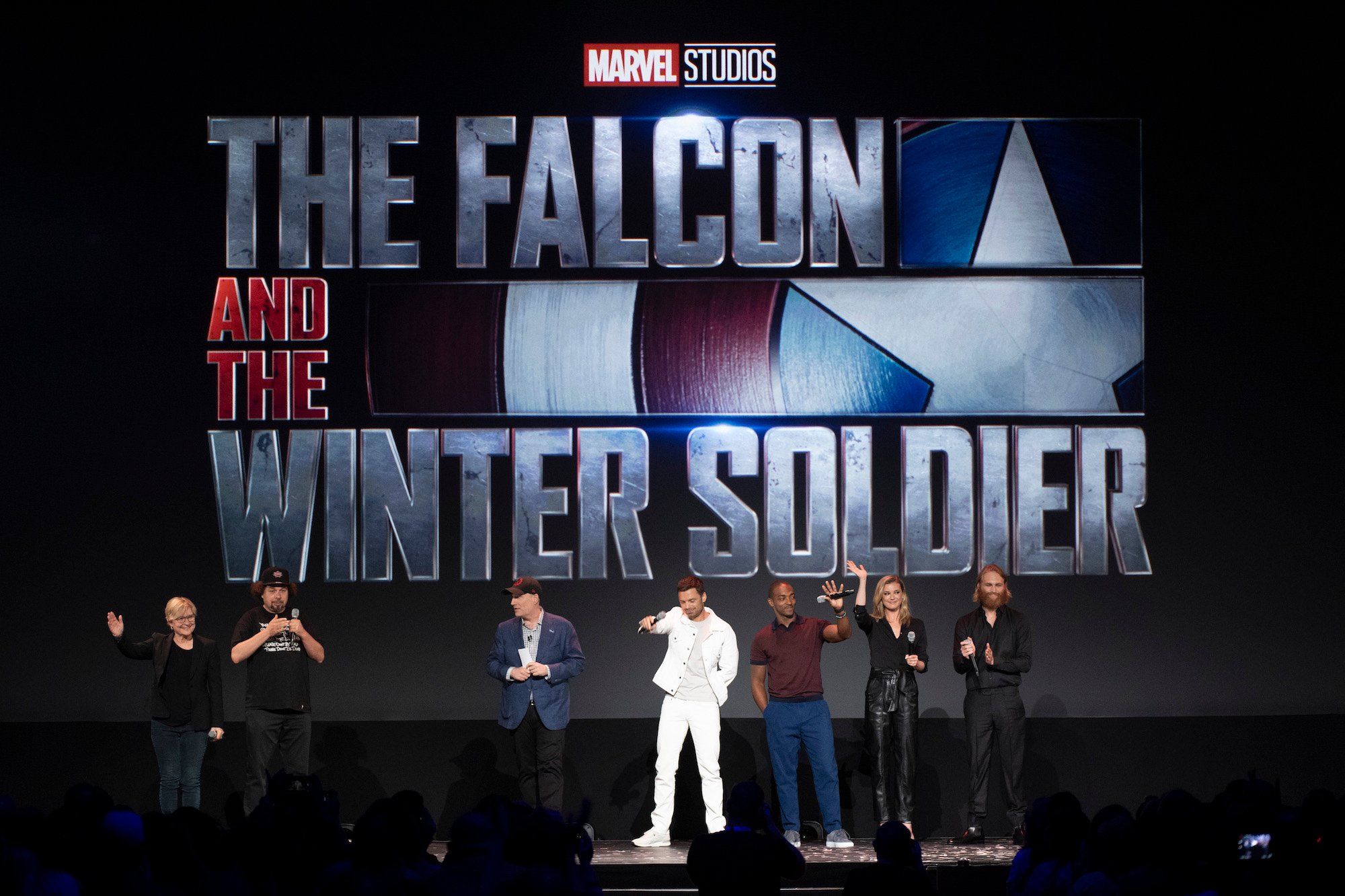 KARI SKOGLAND, MALCOLM SPELLMAN, KEVIN FEIGE (PRESIDENT, MARVEL STUDIOS), SEBASTIAN STAN, ANTHONY MACKIE, EMILY VANCAMP, WYATT RUSSELL