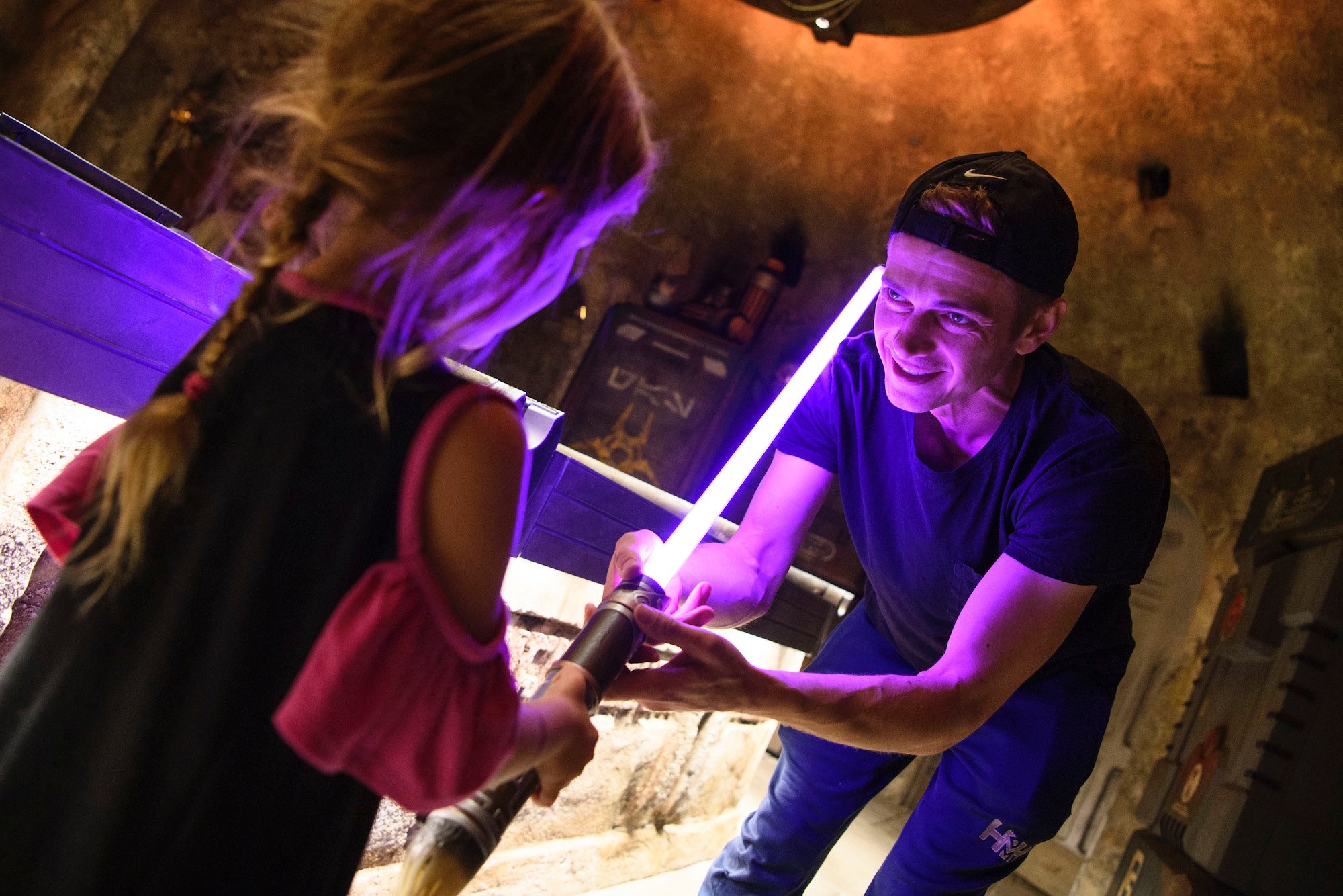 Hayden Christensen shares a moment with his daughter, on her birthday, after building a custom lightsaber in Savi's Workshop at Star Wars: Galaxy's Edge at Disneyland Park on Oct. 29, 2019