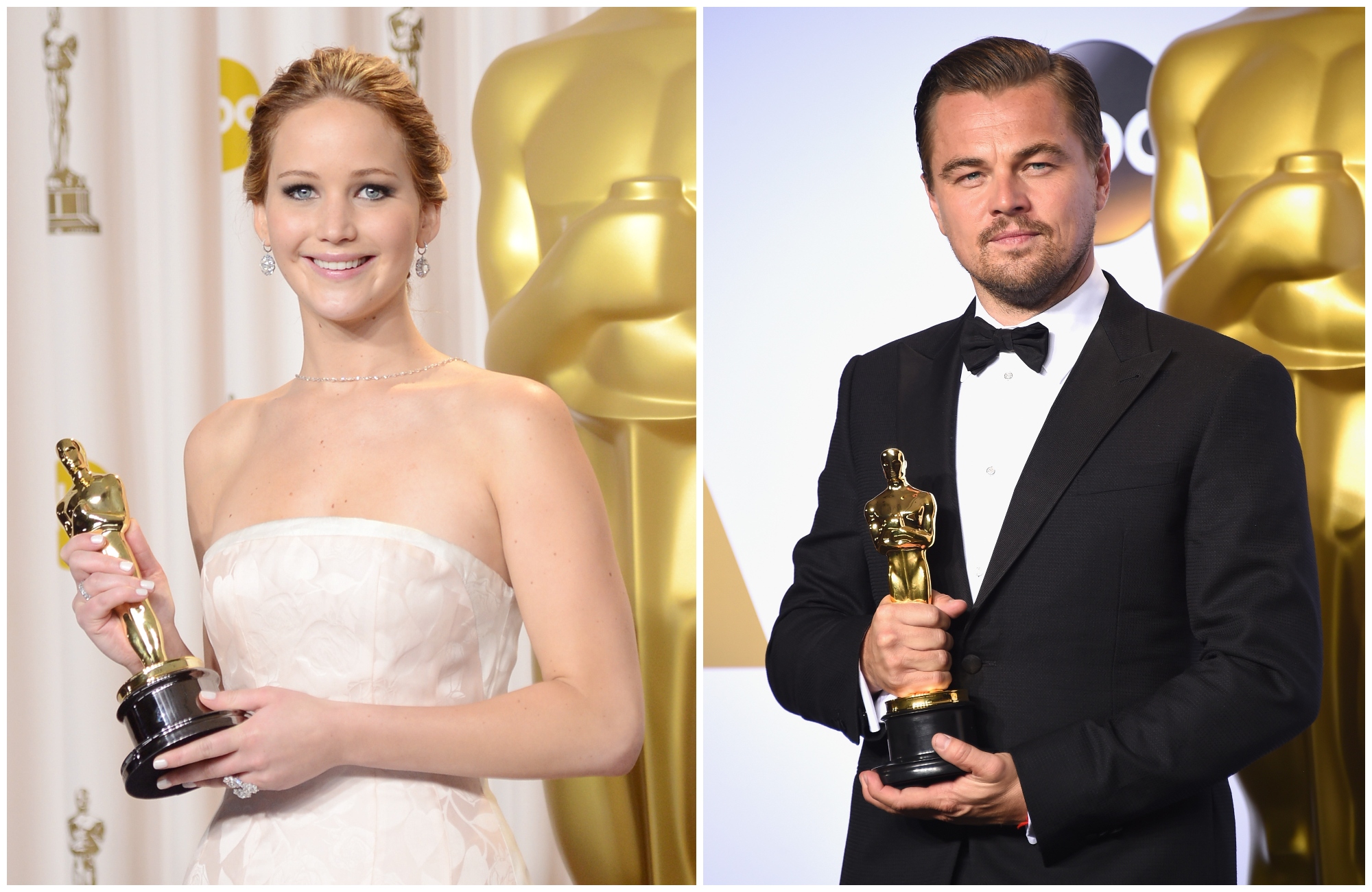 composite image of Jennifer Lawrence and Leonardo DiCaprio with their Oscars