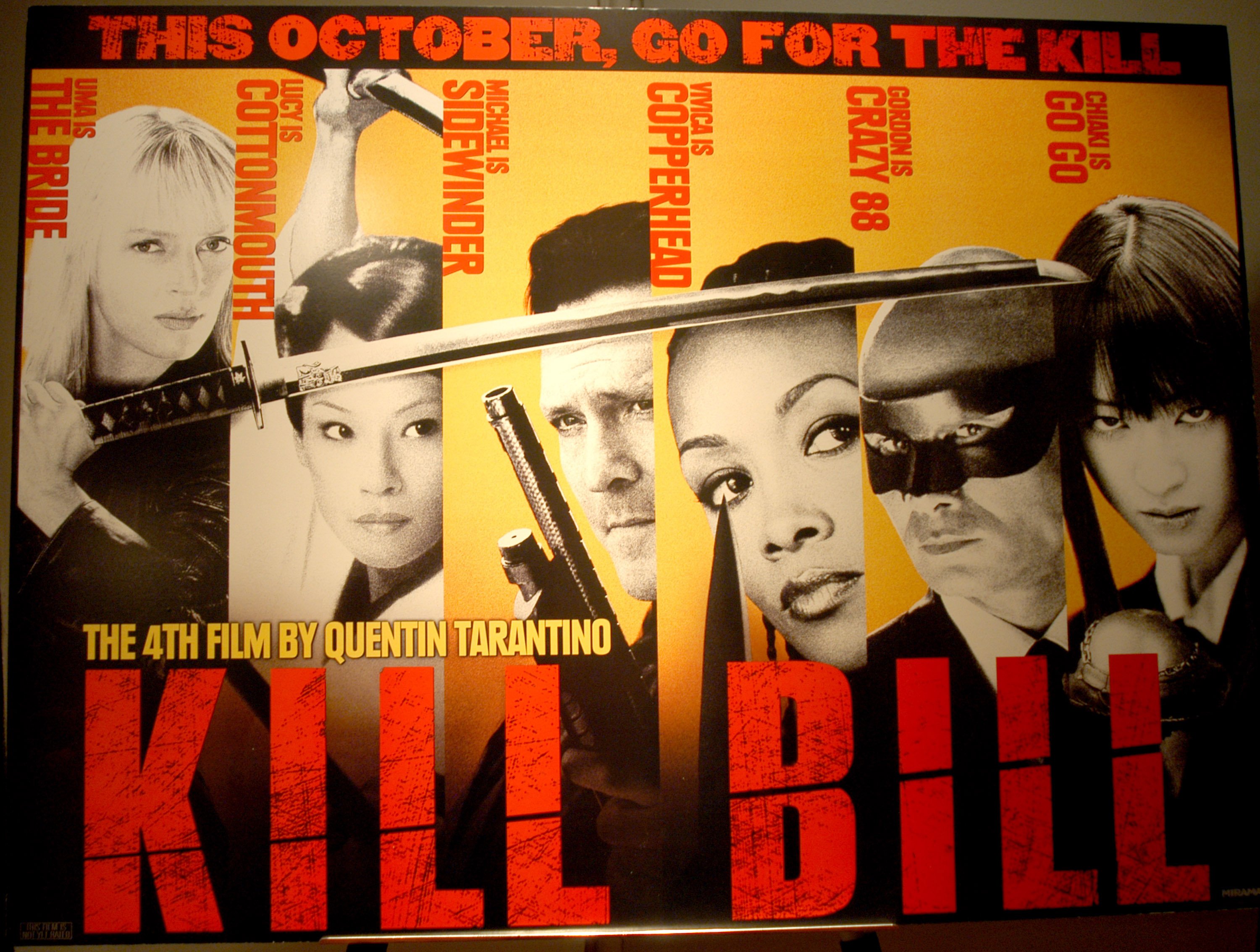 A poster for kill Bill with Uma Thurman and other actors on it