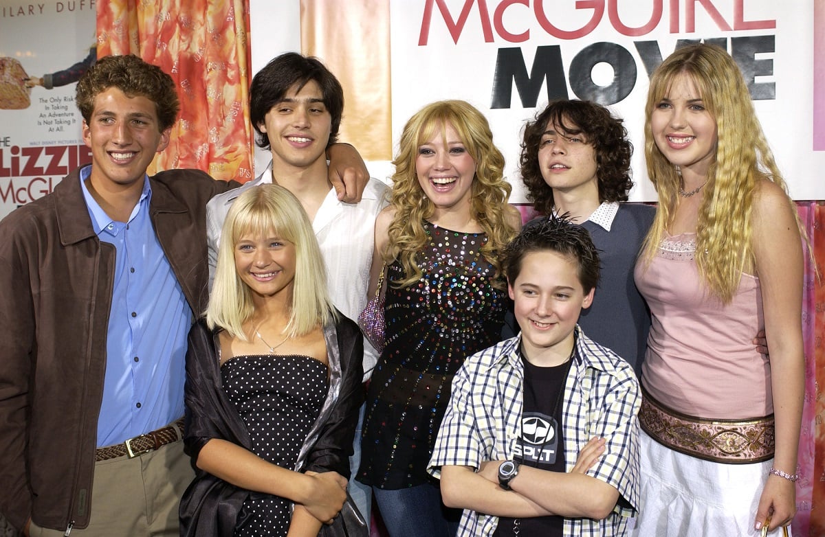 (L to R) Clayton Snyder, Yani Gellman, Carly Schroeder, Hilary Duff, Jake Thomas, Adam Lamberg, Ashlie Brillaut at 'The Lizzie McGuire Movie' premiere