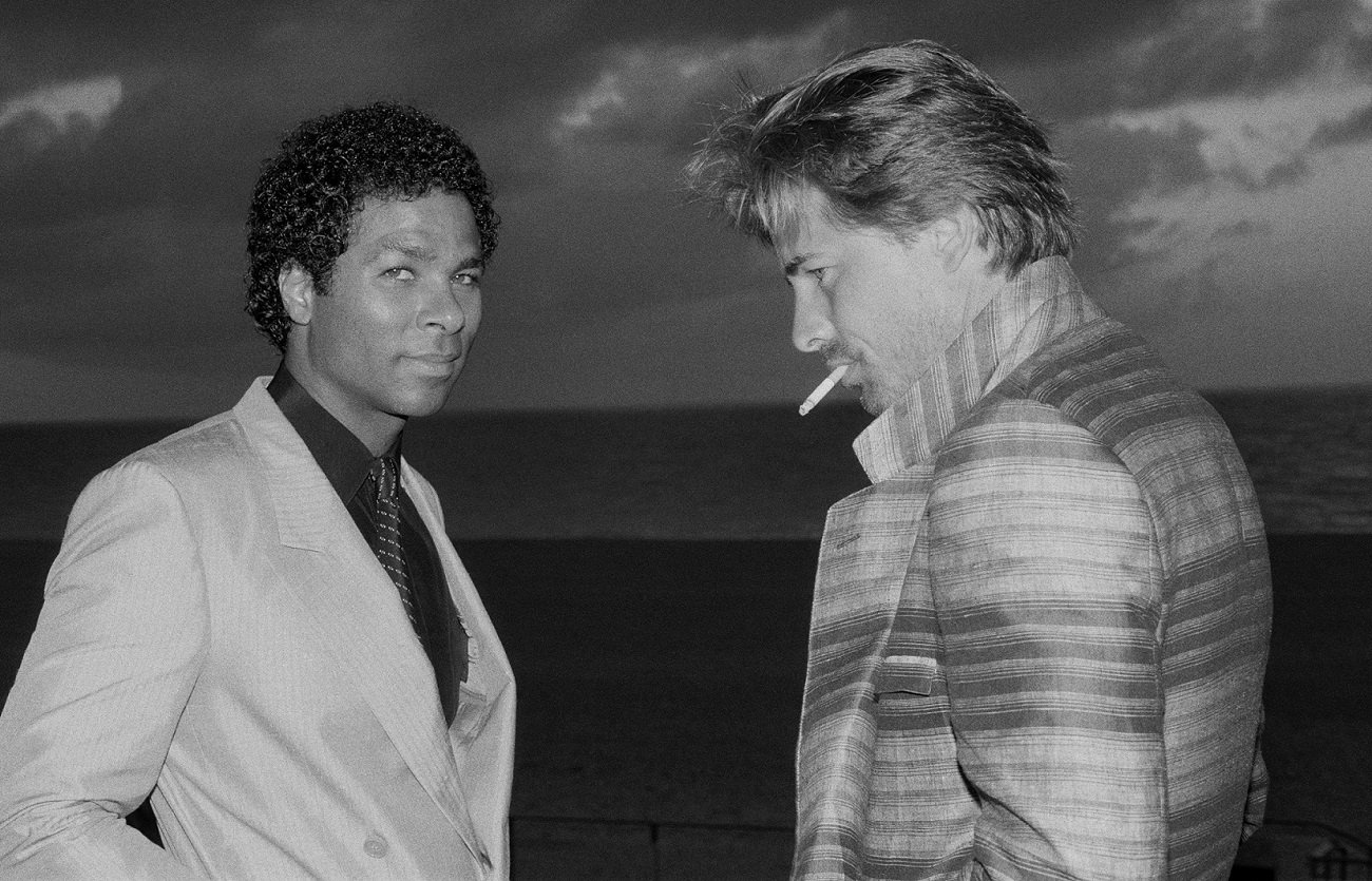 Philip Michael Thomas and Don Johnson with a sea backdrop