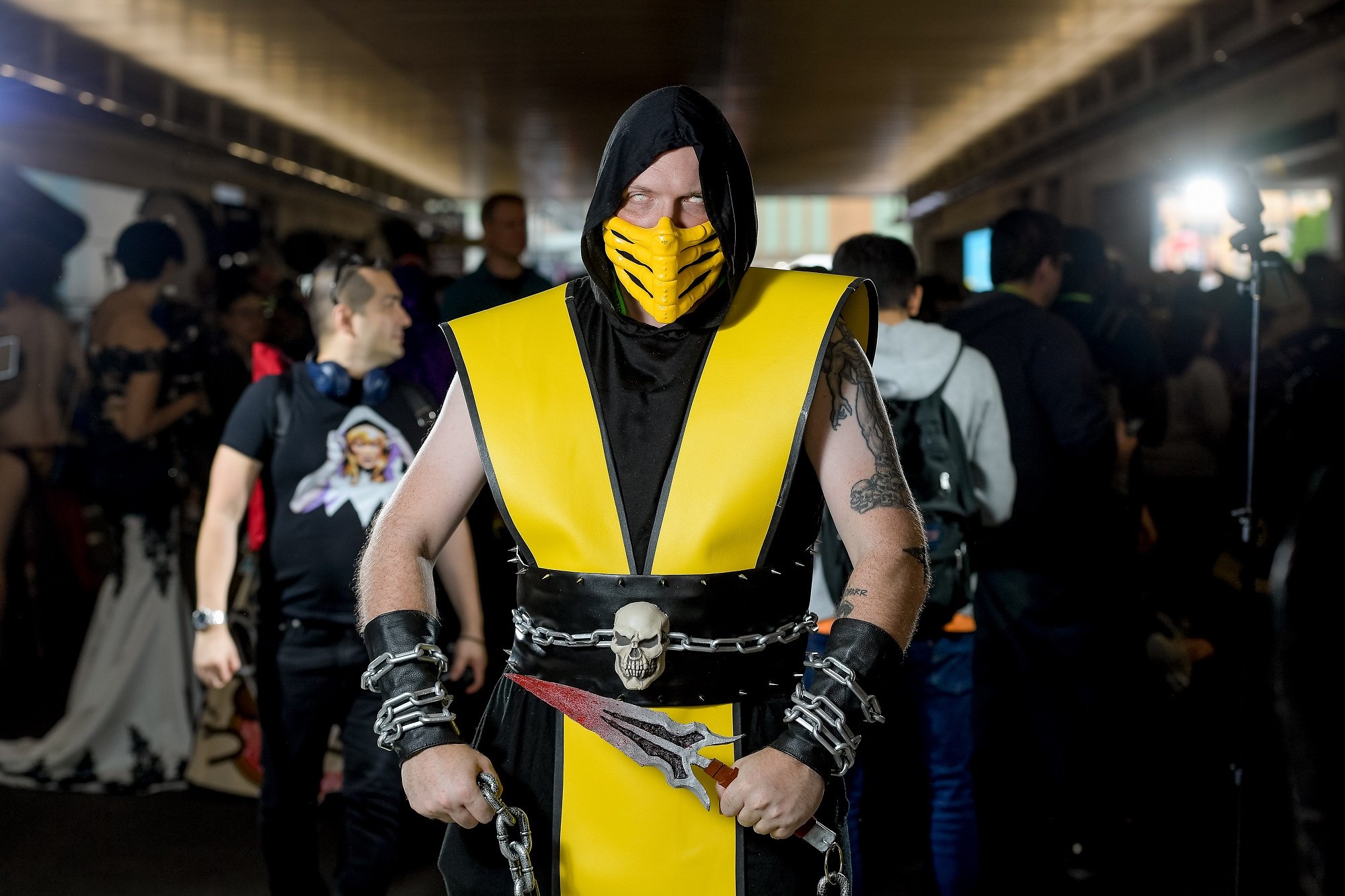 A fan cosplays as Scorpion from Mortal Kombat during the 2018 New York Comic Con