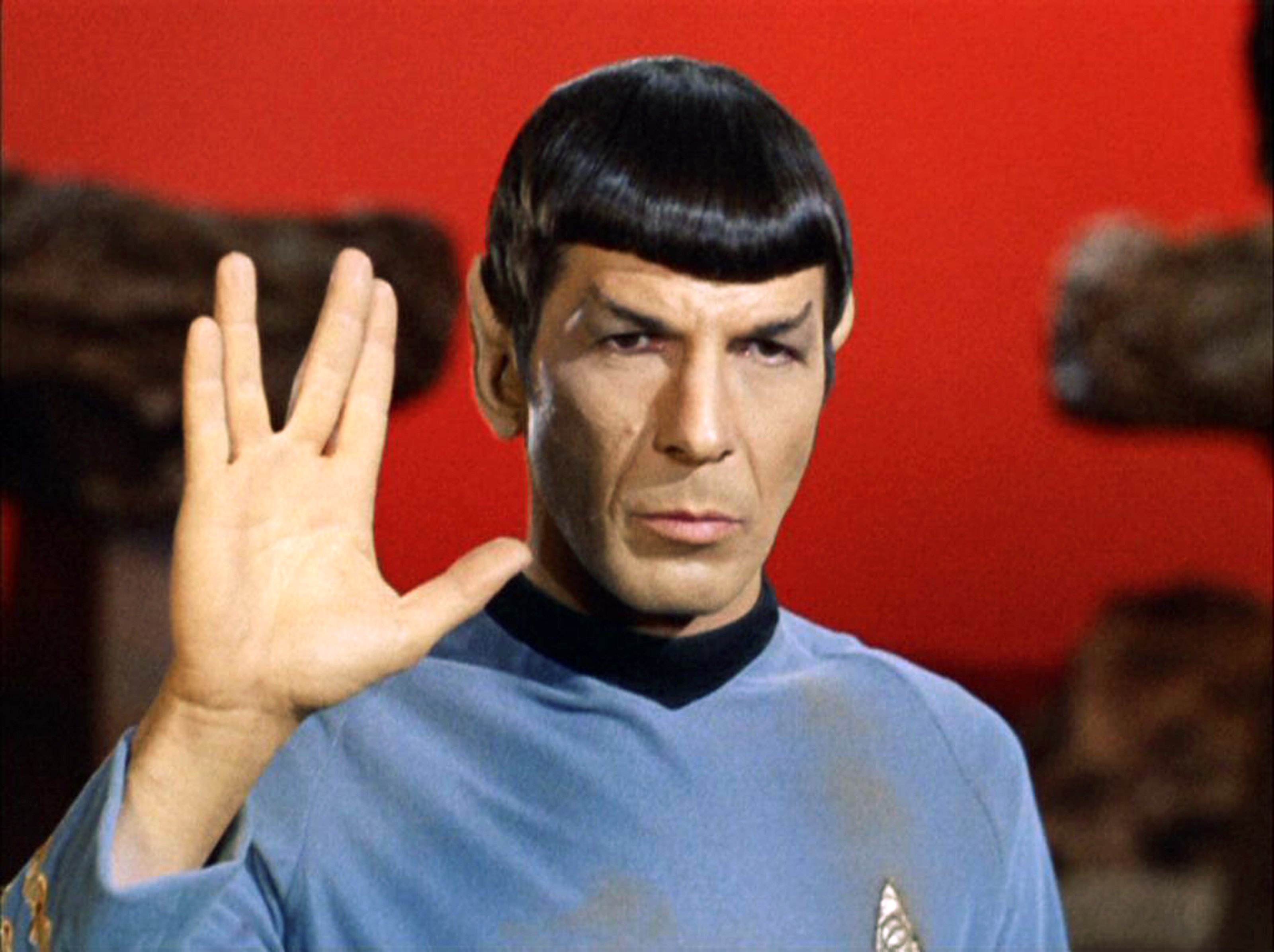 Mr. Spock giving the Vulcan salute in an episode of Star Trek: The Original Series