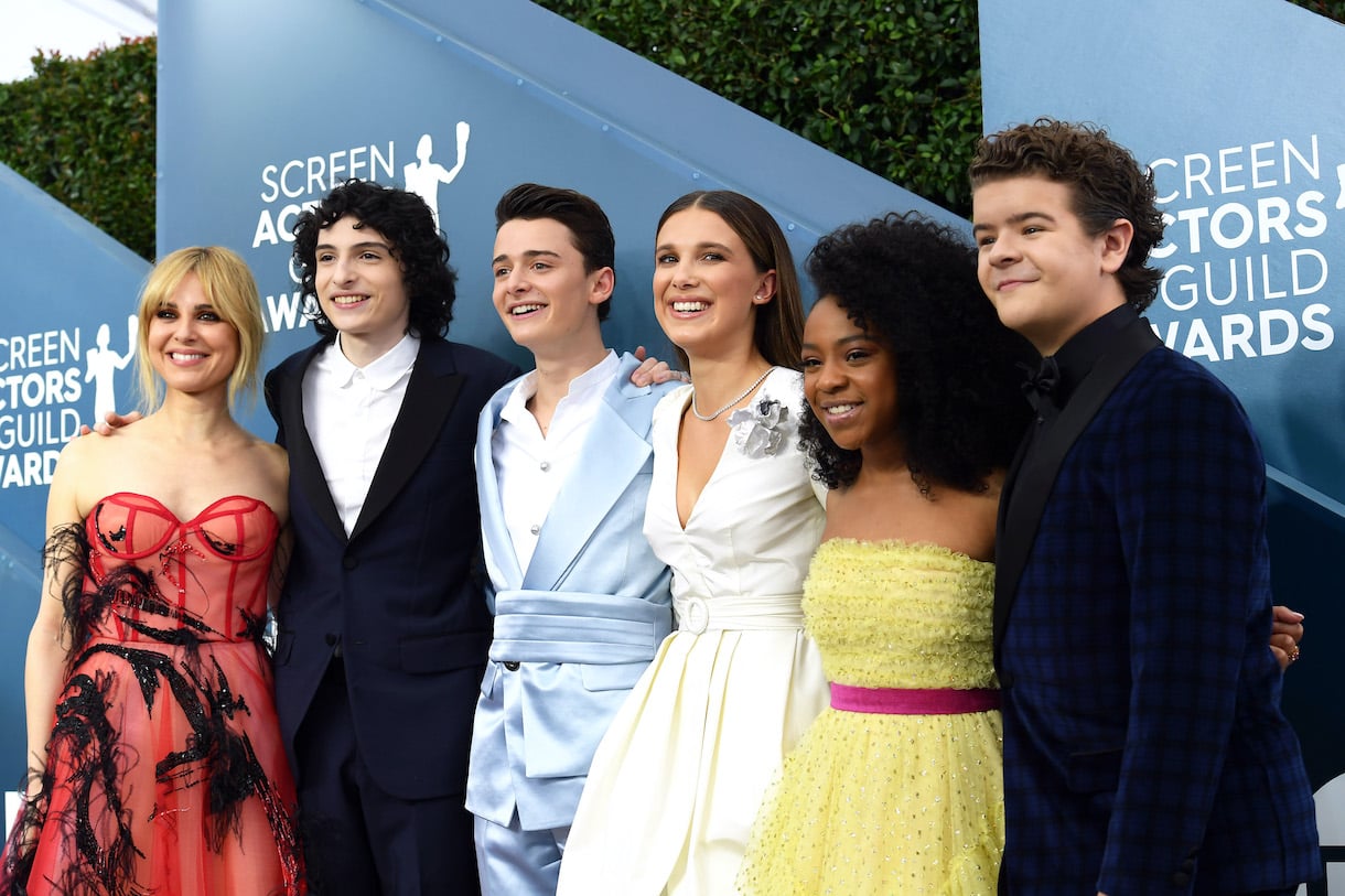 Cara Buono, Finn Wolfhard, Noah Schnapp, Millie Bobby Brown, Priah Ferguson, and Gaten Matarazzo