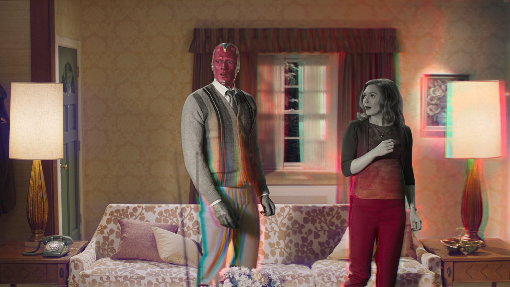 Paul Bettany as Vision and Elizabeth Olsen as Wanda Maximoff in 'WandaVision'