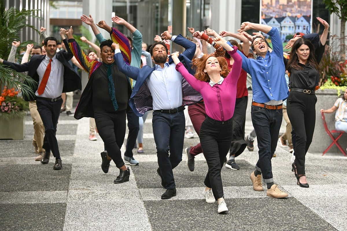 (L-R): Andrew Leeds as David, Alex Newell as Mo, John Clarence Stewart as Simon, Jane Levy as Zoey, Skylar Astin as Max, and Lauren Graham as Joan in 'Zoey's Extraordinary Playlist' 