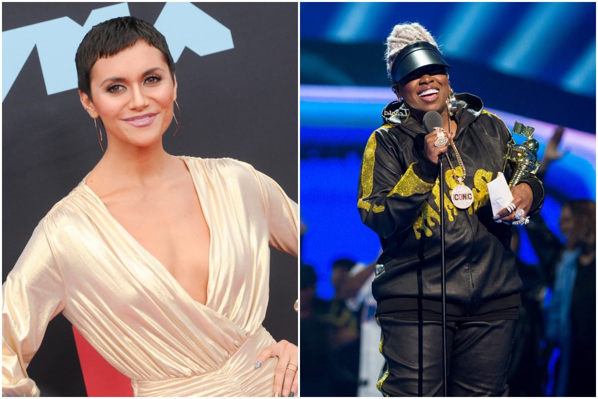 Alyson Stoner smiling in a gold dress./Missy Elliott smiling in a black and gold tracksuit.