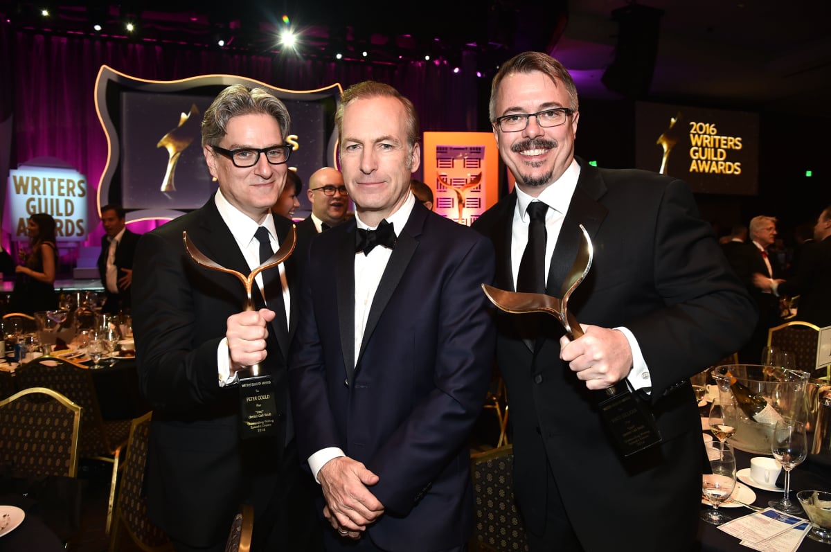 Actor/writer Bob Odenkirk (C) poses with writers Peter Gould (L) and Vince Gilligan (R), the winners of the Episodic Drama award for 'Better Call Saul,' during the 2016 Writers Guild Awards at the Hyatt Regency Century Plaza on February 13, 2016 in Los Angeles, California