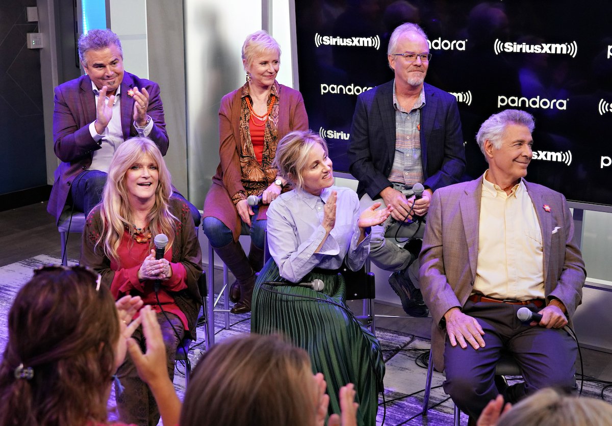 Clockwise from top left: Christopher Knight, Eve Plumb, Mike Lookinland, Barry Williams, Maureen McCormack, and Susan Olsen take part in Andy Cohen's Deep and Shallow interview special with the cast of 'The Brady Bunch' on SiriusXM's Radio Andy channel at the SiriusXM Studios on September 9, 2019, in New York City.