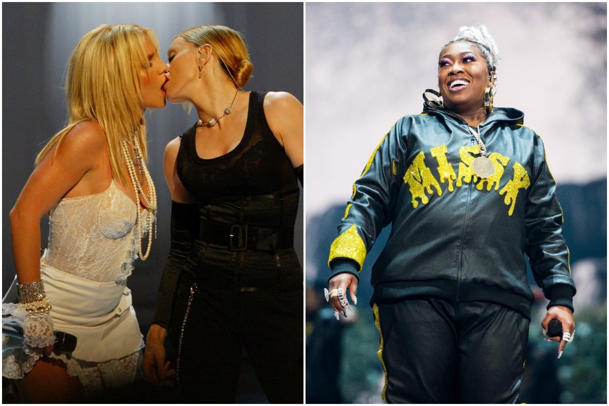 Britney Spears wearing a white outfit and kissing Madonna, who is wearing a black outfit/Missy Elliott in a black and yellow jogging suit.