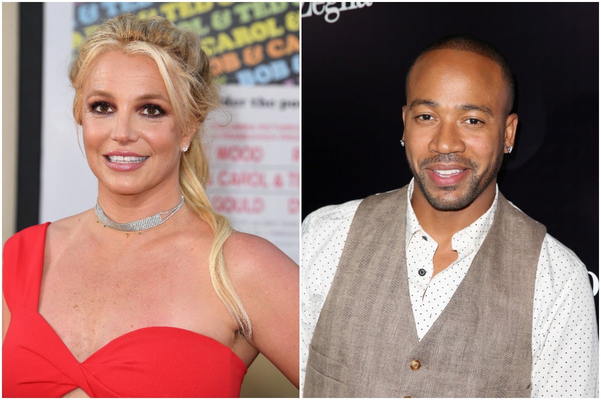 Britney Spears smiling and posing in a red dress/Columbus Short smiling in a tan vest and white shirt.