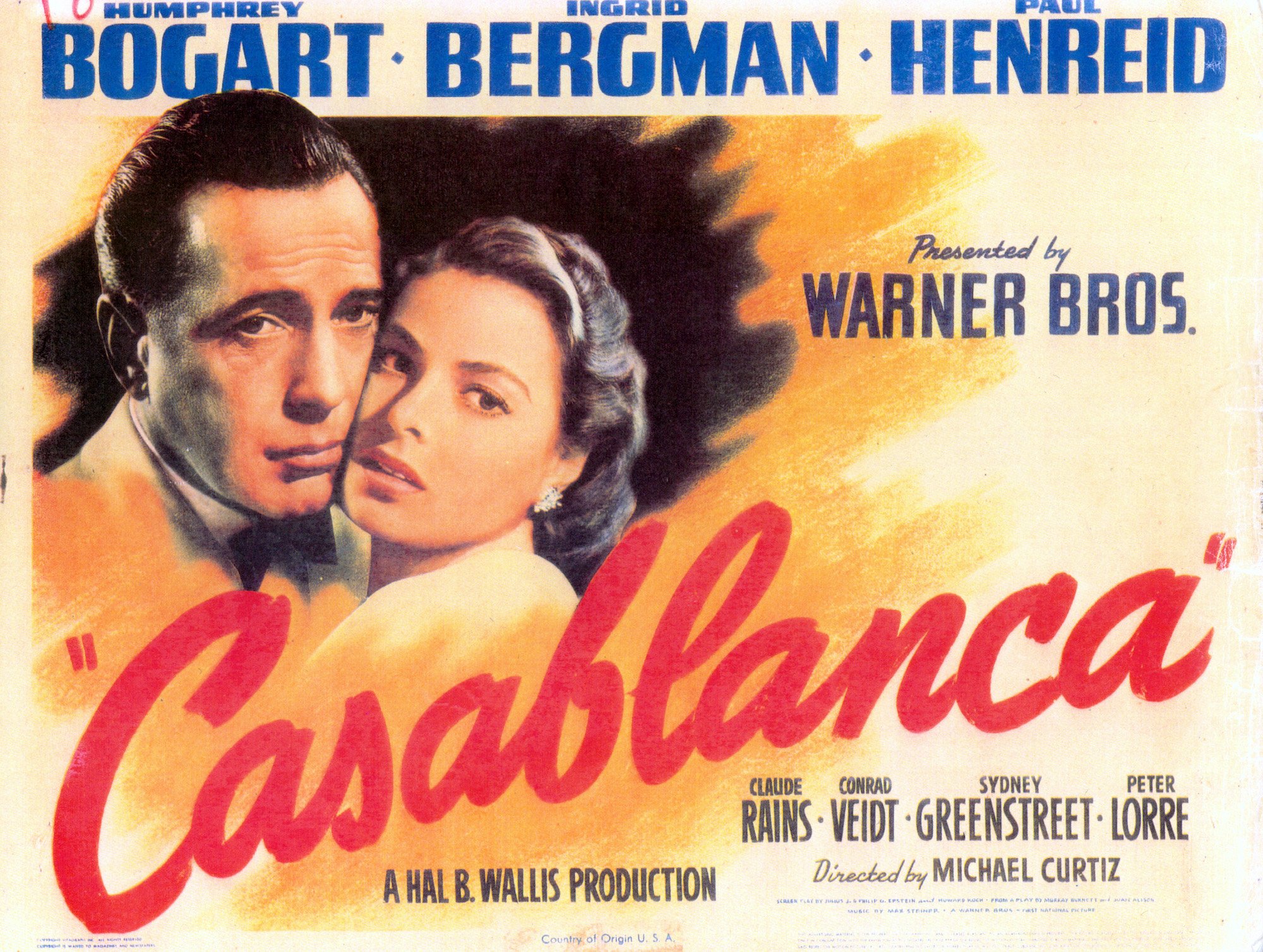 Humphrey Bogart and Ingrid Bergman in movie art for the film 'Casablanca'