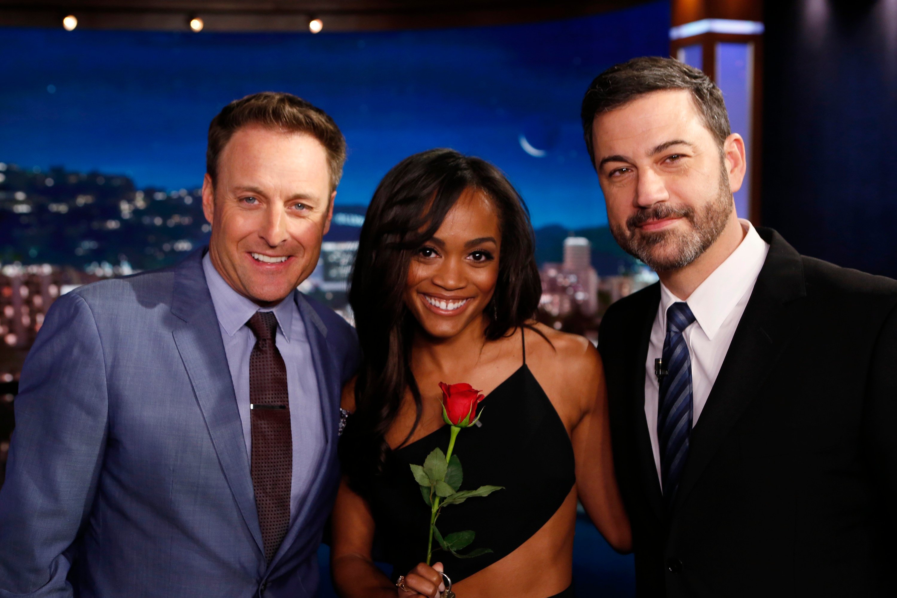 The Bachelor host Chris Harrison with Bachelorette Rachel Lindsay and Jimmy Kimmel