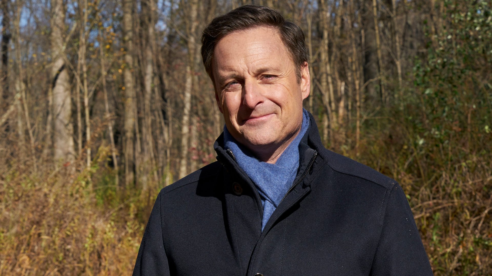 Chris Harrison, host of 'The Bachelorette,' on set of 'The Bachelor' in the woods