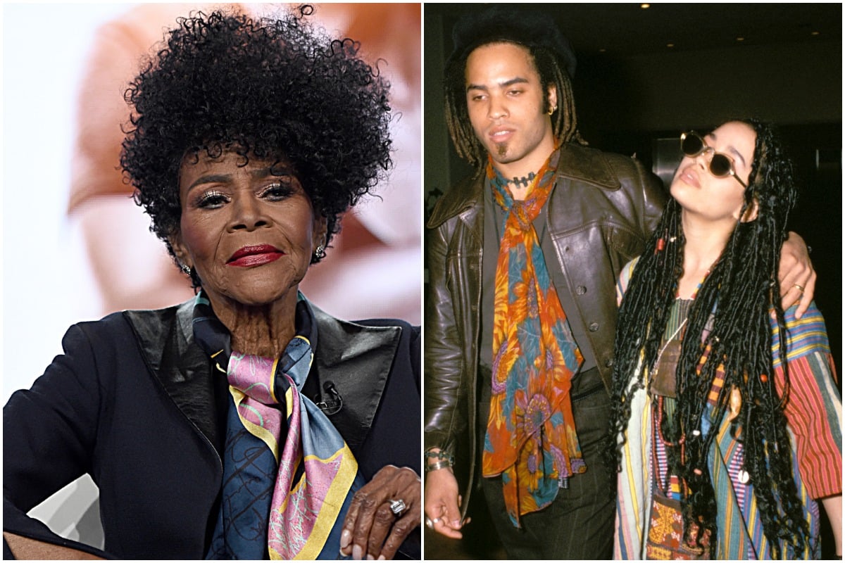 Cicely Tyson sitting down at an event/Lenny Kravitz and Lisa Bonet walking outside.