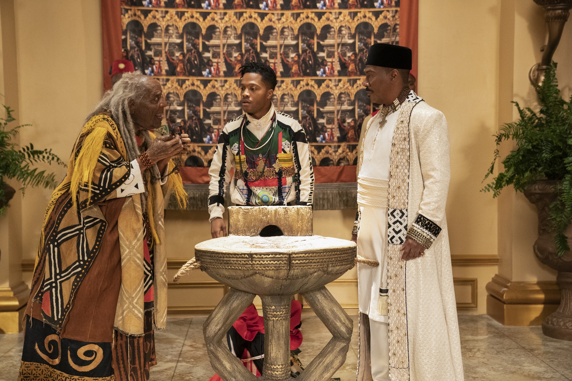 Coming 2 America witch doctor Arsenio Hall with Jermaine Fowler and Eddie Murphy