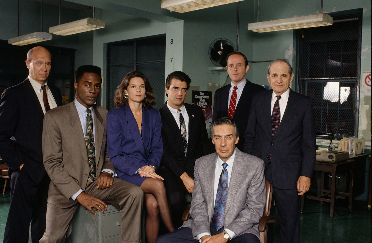 Dann Florek, Richard Brooks, Carolyn McCormick, Chris Noth, Jerry Orbach, Michael Moriarty, Steven Hill from season 3 of 'Law & Order'