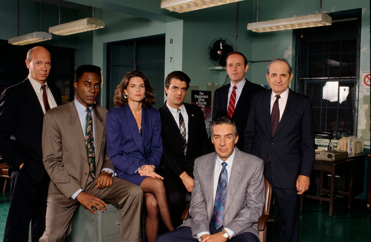 Dann Florek, Richard Brooks, Carolyn McCormick, Chris Noth, Jerry Orbach, Michael Moriarty, Steven Hill from season 3 of 'Law & Order'