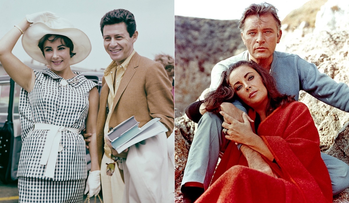 Elizabeth Taylor in a checkered dress and hat and Eddie Fisher in a tan coat smiling in 1960 (L), and Richard Burton in a blue suit and Elizabeth Taylor in a red dress embracing in on the film set of "The Sandpiper" in 1965 | Archive Photos/API/GAMMA/Gamma-Rapho/Getty Images