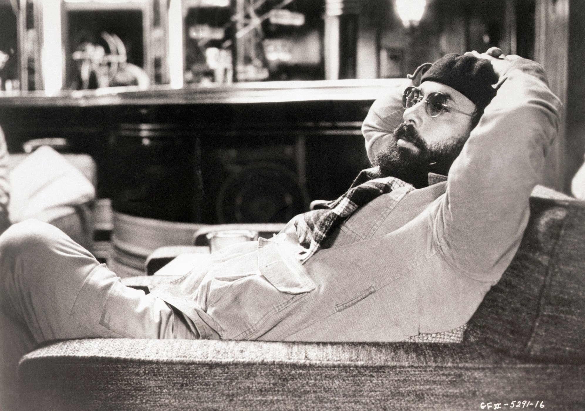 Francis Ford Coppola relaxes on the set of "The Godfather" in 1974