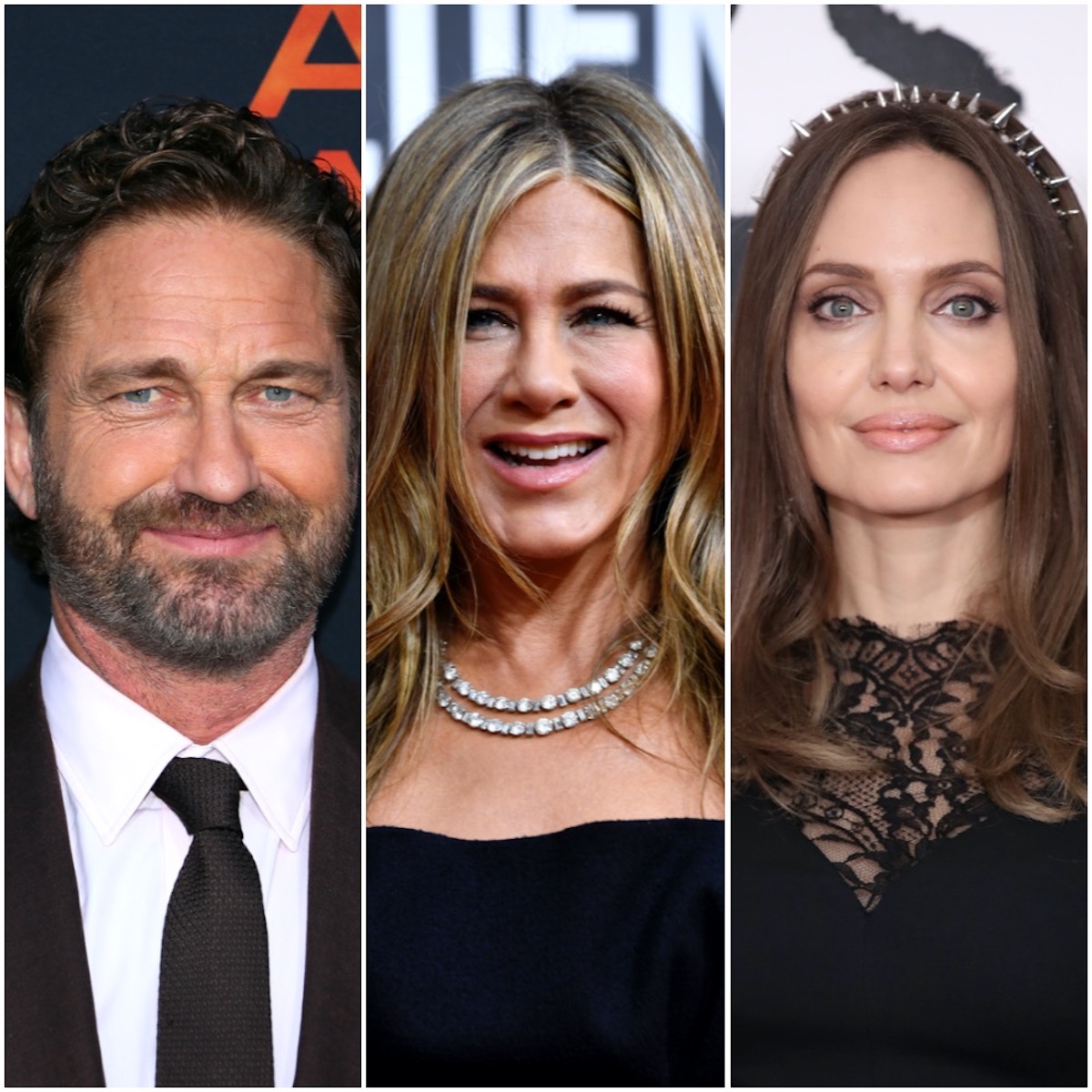 Gerard Butler, Jennifer Aniston, and Angelina Jolie in a photo collage