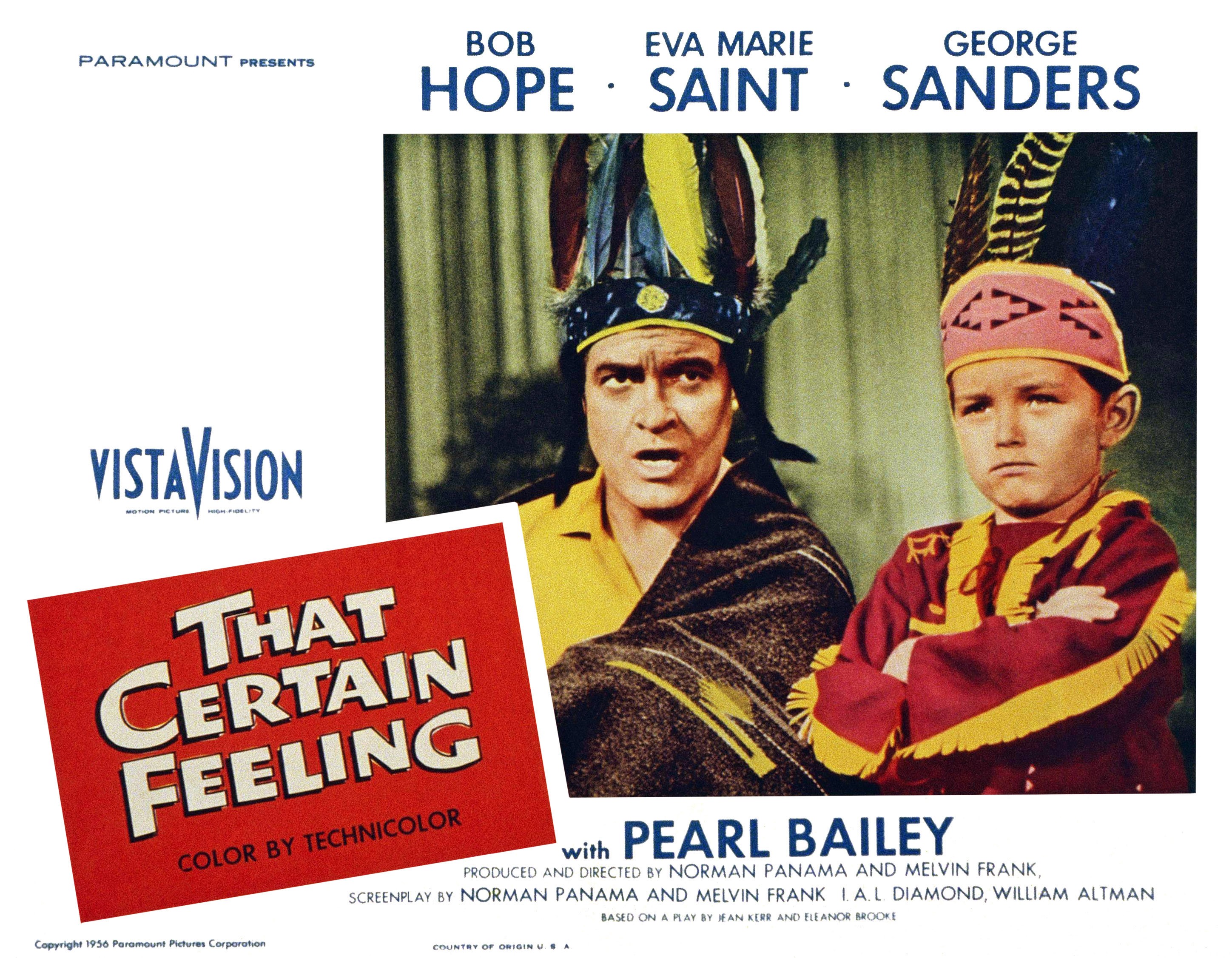 Jerry Mathers and Bob Hope on a card promoting the 1956 film 'That Certain Feeling'