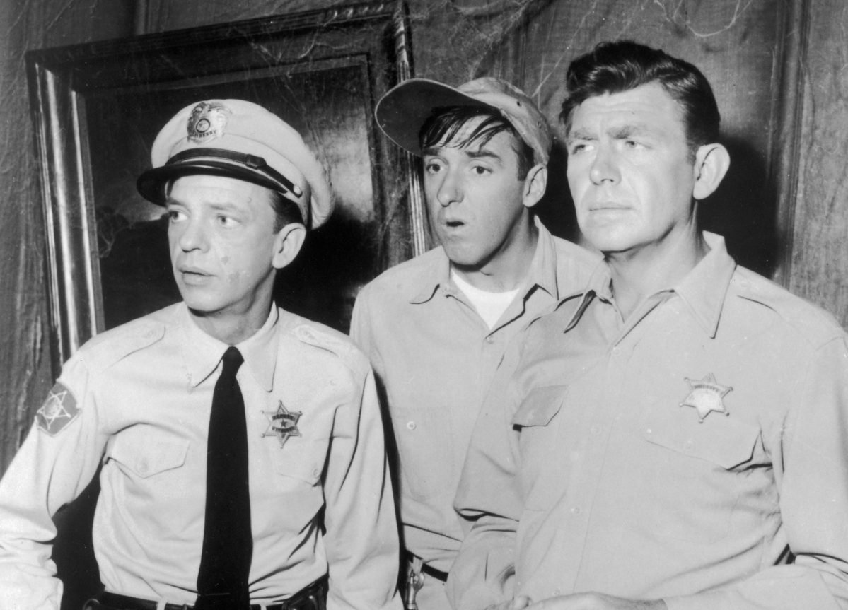 Don Knotts as Barney Fife, Jim Nabors as Gomer Pyle, and Andy Griffith as Andy Taylor in a scene from 'The Andy Griffith Show'
